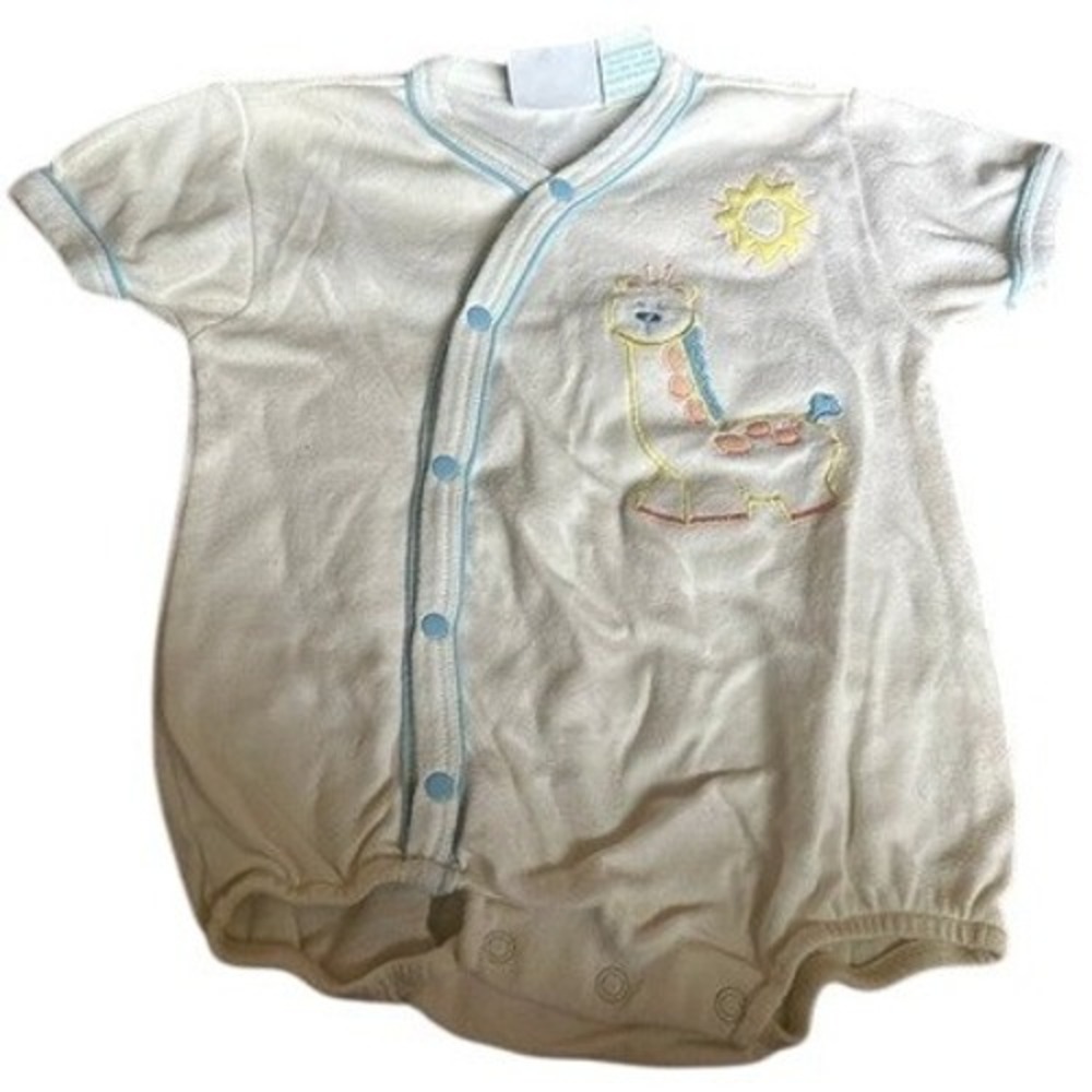 Little Miracles Baby Giraffe Terry Cloth Romper‎ Snap Front White Blue 3-6M